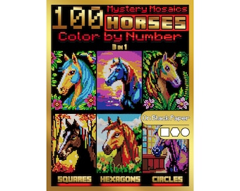 100 Mystery Mosaics Color by Number Horses | Horse Pixel Art Coloring Book | Animal Mosaic on Black Paper | Adult Coloring