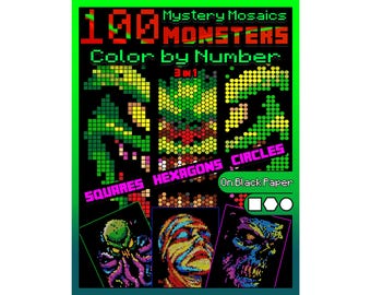 100 Mystery Mosaics Color by Number 3-in-1 Monsters Edition | Pixel Art Coloring Book for Adults | Fantasy & Horror Digital PDF Download