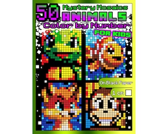 Mystery Mosaics Color by Number for Kids | 50 Animals | Black Paper Animal Coloring Book | 1 cm Squares | Ages 6–10 | Printable PDF