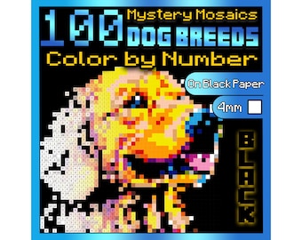 100 Dog Breeds Color by Number | Mystery Mosaics BLACK Edition | Pixel Art Dog Coloring | Black Paper Printable PDF