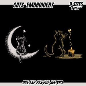 Broderidesign med guldfärgad himmelsk katt, linjeteckningskatt (direktnedladdning)
