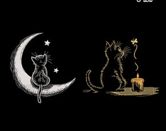 Gold Celestial Cat-borduurontwerp, Line Art Kitty (directe download)