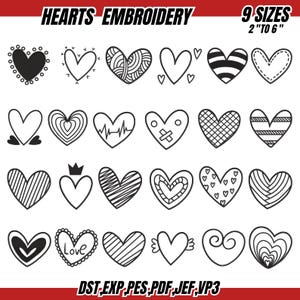 May include: A collection of heart embroidery designs in various styles, including solid, patterned, and outlined hearts. The image includes the text "HEARTS EMBROIDERY" and "9 SIZES 2" TO 6"", indicating different sizes available for the designs. The designs are in black and white.