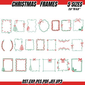 May include: A collection of Christmas frames in various designs, featuring red and green accents. The frames include bows, stars, and Christmas tree motifs. The text "CHRISTMAS FRAMES" and "5 SIZES 2.8" TO 6.8"" are displayed at the top.