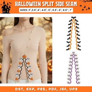 May include: An embroidery design file titled HALLOWEEN SPLIT SIDE SEAM with sizes 3", 3.5", 4", 4.5", 5", 5.5", 6", 6.5", 7". It features a beige ribbed top with a split side seam embroidered with orange pumpkins and white ghosts.