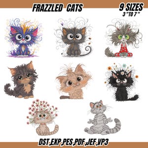 Puede incluir: Una colección de nueve diseños de gatos bordados con pelaje caprichoso y despeinado. Los diseños incluyen varios colores y estilos, con tamaños que van de 7,6 a 17,8 cm. El texto "FRAZZLED CATS" y "9 SIZES 3" TO 7"" se muestra en la parte superior.