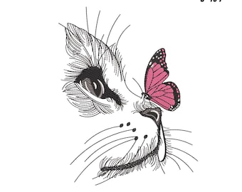 Borduurontwerp kattengezicht met vlinder | Line Art Cat Machine Borduurbestand | Leuk kattenborduurwerk | 9 maten | Direct downloaden