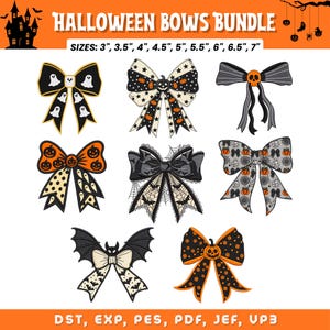 Può includere: Una collezione digitale di otto fiocchi a tema Halloween con motivi di fantasmi, zucche, pipistrelli e ragnatele in nero, arancione e crema. Il testo recita HALLOWEEN BOWS BUNDLE, SIZES: 3", 3.5", 4", 4.5", 5", 5.5", 6", 6.5", 7", DST, EXP, PES, PDF, JEF, VP3.