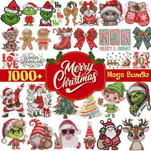 Może przedstawiać: Kolekcja grafik o tematyce świątecznej, w tym Święty Mikołaj, postacie Grincha, elfy i świąteczne kokardy. Obraz zawiera tekst "Merry Christmas" i "Mega Bundle" w czerwonym banerze, a także "1000+".