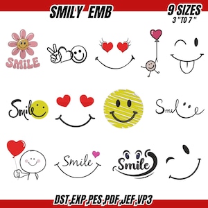 Puede incluir: Una colección de diseños bordados de caras sonrientes en varios estilos. Los diseños incluyen una flor con una cara sonriente, un signo de la paz con un corazón y una cara sonriente, y una cara sonriente con corazones para los ojos. También se incluye el texto "SMILE".