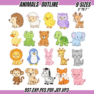 Può includere: Una collezione digitale di 20 illustrazioni di animali in stile cartoon etichettata ANIMALS OUTLINE 9 SIZES 3 TO 7 INCHES. Il set include un riccio, pecora, pulcino, gufo, cervo, anatra, rana, orso, tartaruga, elefante, leone, pinguino, coniglio, giraffa, gatto, scimmia, cane, zebra, volpe e maiale.