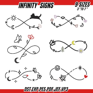 Puede incluir: Una colección de diseños de símbolos de infinito negros, cada uno adornado con elementos únicos como un gato, flores, mariposas y cuerpos celestes. El texto "INFINITY SIGNS" y "9 SIZES 3" TO 7"" se muestran en la parte superior. El texto inferior dice "DST, EXP, PES, PDF, JEF, VP3".