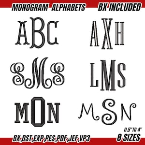 Könnte beinhalten: Schwarze Monogramm-Alphabete in verschiedenen Stilen, darunter klassische, geschwungene und Blockbuchstaben. Das Bild enthält den Text "MONOGRAM ALPHABETS BX INCLUDED" und "0.5" TO 4" 8 SIZES". Die Dateiformate sind BX, DST, EXP, PES, PDF, JEF und VP3.