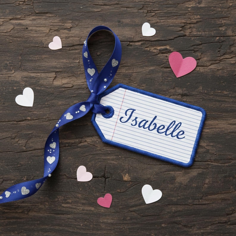 K&ouml;nnte beinhalten: Ein wei&szlig;es Etikett mit dem Namen "Isabelle" in Schreibschrift, blau umrandet, ist mit einem blauen Band mit silbernen Herzen gebunden. Rosa und wei&szlig;e herzf&ouml;rmige Konfetti sind auf einer dunklen Holzoberfl&auml;che verstreut.