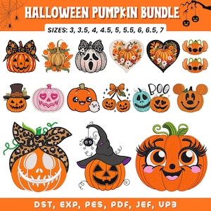 Maskinbroderimönster med Halloweenpumpa, broderibunt med Jack O'Lantern, blommig pumpa, läskig säsong, 9 storlekar, direktnedladdning