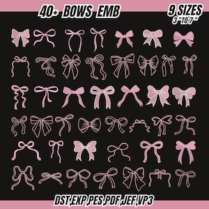Può includere: Una collezione di disegni di fiocchi rosa su sfondo nero. L'immagine include il testo "40+ BOWS EMB" e "9 SIZES 3" to 7"" nella parte superiore. La parte inferiore dell'immagine include il testo "DST EXP PES PDF JEF, VP3".