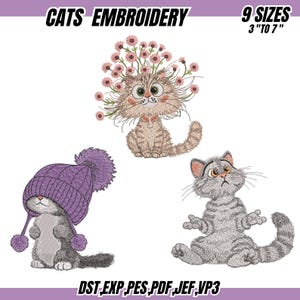 Puede incluir: Diseño de bordado con tres gatos de dibujos animados. Uno lleva un gorro de punto morado, otro tiene flores en la cabeza y el tercero tiene una expresión preocupada. El texto "CATS EMBROIDERY" y "9 SIZES 3" TO 7"" está en la parte superior.