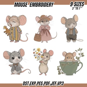 May include: Mouse embroidery designs in 9 sizes, ranging from 3 to 7 inches. The designs feature adorable cartoon mice in various outfits and poses, including one holding a giraffe toy and another in a teacup.