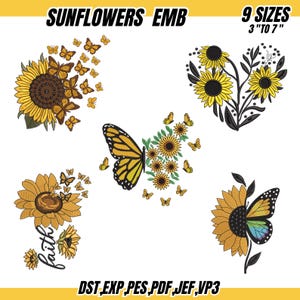 May include: A collection of sunflower and butterfly designs. The designs include sunflowers with butterflies, a heart-shaped arrangement of sunflowers, and a butterfly with sunflower accents. The text "SUNFLOWERS EMB" and "9 SIZES 3" TO 7"" are visible.