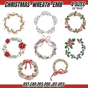 8 Floral Christmas Wreath Embroidery Design, Wreath Embroidery Design, Christmas Embroidery File, 4 Sizes Included, Instant download