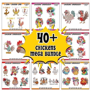 May include: A collection of embroidery designs featuring chickens in various styles. The designs include chickens with colorful hair, chef chickens, and Halloween-themed chickens. The image also includes the text "40+ CHICKENS MEGA BUNDLE".