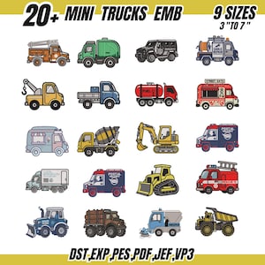 Può includere: Una collezione di oltre 20 design di mini camion, tra cui camion dei pompieri e postali. Disponibili in 9 misure, da 7.6 cm a 17.8 cm. L'immagine include il testo "20+ MINI TRUCKS EMB" e "9 SIZES 3" TO 7".