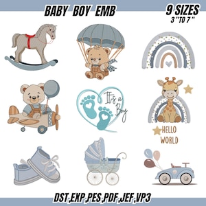 Op de afbeelding: Een verzameling borduurontwerpen met babymotieven. De ontwerpen omvatten een schommelpaard, een teddybeer met een parachute, een regenboog, een teddybeer in een vliegtuig, een hart met voetafdrukken, een giraf, babyschoenen, een kinderwagen en een auto met ballonnen. De tekst "BABY BOY EMB" en "9 SIZES 3" TO 7"" is ook aanwezig.
