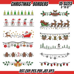 May include: A selection of Christmas border designs. The image features borders with Christmas trees, snowmen, holly, reindeer, Santa in a sleigh, baubles, gingerbread men, bells, snowflakes, and fairy lights. Text reads "CHRISTMAS BORDERS" and "15 SIZES 5" TO 12".