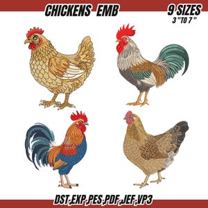 Może przedstawiać: Cztery haftowane wzory kurczaków. Obraz zawiera kurę i trzy koguty w różnych kolorach. Tekst "CHICKENS EMB" i "9 SIZES 3" TO 7"" znajduje się na górze. Typy plików są wymienione na dole.