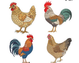Chicken Embroidery Design, Rooster Machine Embroidery File, Hen Embroidery Pattern, Farm Bird Digital Download, Poultry Embroidery Design