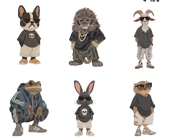 Borduurbundel dieren, dierentuin- en zeedieren in kleding (digitale download)