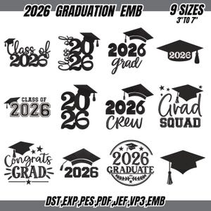 2026 Graduation Cap Embroidery Designs, Satin Stitch (Instant Download)