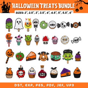 Puede incluir: Una colección digital titulada HALLOWEEN TREATS BUNDLE que presenta varios iconos de estilo bordado, incluyendo fantasmas, calaveras, cupcakes, donas y dulces. La imagen enumera tamaños de 2" a 6" y formatos de archivo como DST, EXP, PES, PDF, JEF y VP3.