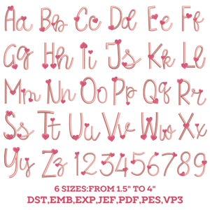 May include: A complete alphabet and number set in a delicate, cursive font, each letter and number adorned with a small heart. The letters and numbers are in a soft pink colour. The text at the bottom reads "6 SIZES: FROM 1.5" TO 4"" and lists file formats.
