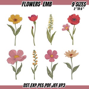 May include: Embroidered flower designs in various colors, including yellow, red, and pink, with green stems and leaves. The image includes the text "FLOWERS EMB" and "9 SIZES 2" TO 6"", along with file type abbreviations.