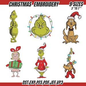 May include: Christmas embroidery designs featuring characters from a holiday story. The designs include a green character, a dog wearing a Santa hat, and a girl holding a gift. The text "CHRISTMAS EMBROIDERY" and "9 SIZES 3" TO 7"" are at the top.