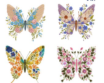 Floral Butterfly Embroidery Designs: Nature Garden Pattern, 9 Sizes (Instant Download)