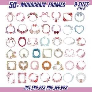 May include: A collection of over 50 monogram frames in various shapes and designs, including wreaths, bows, and floral arrangements. The frames are available in 9 sizes, ranging from 4 to 8 inches. The image also displays the file formats available.