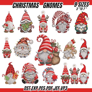 Puede incluir: Diseños de gnomos navideños en varias poses, con sombreros rojos y blancos, sosteniendo regalos y decorados con luces. El texto "CHRISTMAS GNOMES" y "9 SIZES 3" TO 7"" se muestra en la parte superior. Los formatos de archivo DST, EXP, PES, PDF, JEF y VP3 se enumeran en la parte inferior.