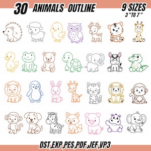 May include: A digital collection of 30 animal outline embroidery designs featuring various creatures like a hedgehog, sheep, owl, and elephant. The text reads 30 ANIMALS OUTLINE, 9 SIZES 3 TO 7 INCHES, and file formats DST, EXP, PES, PDF, JEF, VP3.