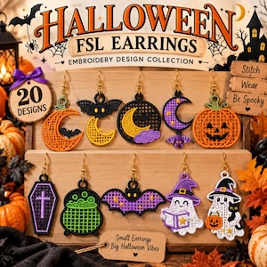 Halloween FSL örhängespaket, 20 fristående spetsbroderimönster, läskiga spökpumpa-fladdermusberlocker, omedelbar nedladdning