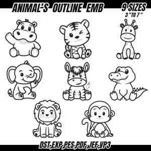 May include: Black and white outline embroidery designs of cartoon animals, such as a hippo, tiger, giraffe, elephant, zebra, alligator, lion, and monkey. The text "ANIMAL'S OUTLINE EMB" and "9 SIZES 3" TO 7"" are displayed at the top. File formats are listed at the bottom.