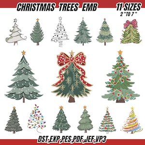 May include: Embroidered Christmas tree designs in various styles, including trees with star toppers, ornaments, and bow accents. The image includes the text "CHRISTMAS TREES EMB" and "11 SIZES 2" TO 7". File formats: DST, EXP, PES, PDF, JEF, VP3.