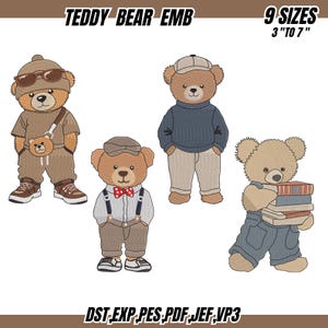 Könnte beinhalten: Gestickte Teddybär-Designs in verschiedenen Outfits, darunter Sonnenbrillen, ein Pullover und Latzhosen. Der Text lautet "TEDDY BEAR EMB" und "9 GRÖSSEN 3" BIS 7"", mit Dateiformaten unten. Diese Designs eignen sich für Stickprojekte.