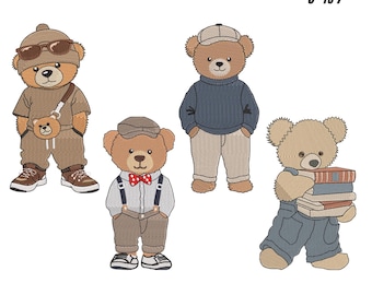 Modieus borduurontwerp teddybeer, 9 maten (digitale download)