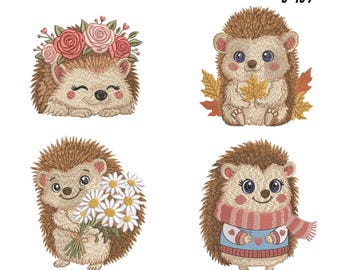 Lindos diseños de bordado de erizo / Erizo con sombrero floral y flores / Patrones de bordado de animales de safari bebé / 4 diseños únicos / 9 tamaños