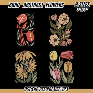May include: Four floral designs on a black background. The designs include stylized flowers in shades of red, orange, yellow, and pink, with green leaves. Text at the top reads "BOHO ABSTRACT FLOWERS" and "9 SIZES 3" TO 7". The bottom text includes "DST EXP PES PDF JEF, VP3".