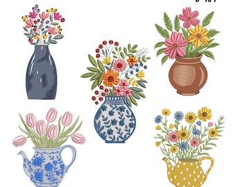 Floral Vase Embroidery Designs Bundle, Vintage Flower Pot Machine Files (9 Sizes)