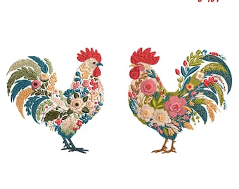 Bloemen borduurontwerp kip – patroon boerderijkip (digitale download)