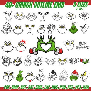 Könnte beinhalten: Eine Sammlung von Grinch-Umrissstickmustern mit verschiedenen Ausdrücken. Das Bild enthält den Text "40+ GRINCH OUTLINE EMB" und "5 SIZES 3" TO 7"" in Grün und Weiß. Dateiformatoptionen werden in Weiß auf einem roten Banner angezeigt.